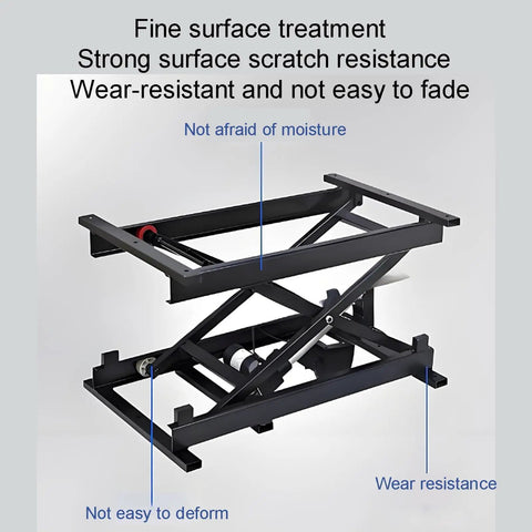 Heavy Duty Adjustable Electric Scissor Lift Table With Foldable Design For Easy Storage And Remote Control Operation To Handle Heavy Loads Smoothly, showing durable iron frame and design details.