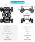 68mm Mecanum Wheel 4WD Robot Car Chassis With Omnidirectional Wheels Aluminum Alloy Frame TT Motors Perfect for Arduino Microbit Raspberry Pi Jetson Robotic Projects and Moving Platforms shown with specifications and dimensions