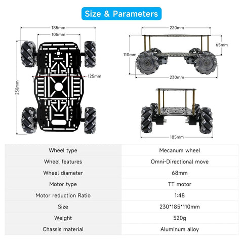 68mm Mecanum Wheel 4WD Robot Car Chassis With Omnidirectional Wheels Aluminum Alloy Frame TT Motors Perfect for Arduino Microbit Raspberry Pi Jetson Robotic Projects and Moving Platforms shown with specifications and dimensions