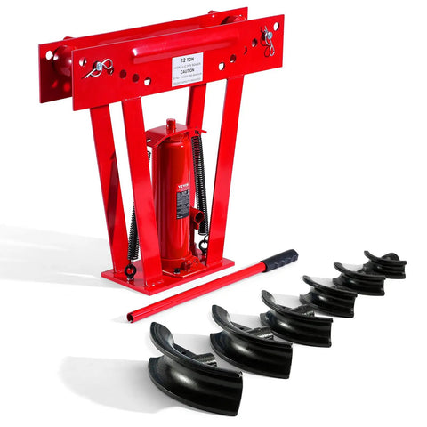 VEVOR 12 Ton Hydraulic Pipe Bender Manual Copper Tube Bending Machine with six dies and red heavy-duty construction.