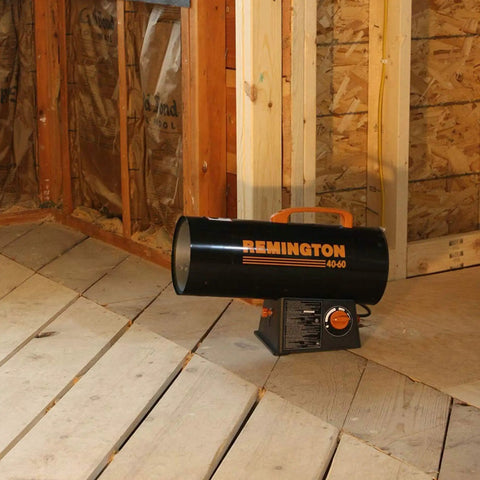 Portable 60,000 BTU LP Propane Forced Air Heater For Up To 1,500 Square Feet Built Tough For Garages, Workshops, Construction Sites, And Barns Tank Not Included in construction site.