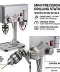 Ace Mini Bench Drill Press Delivering Sweet Variable Speed Control With Heavy Duty Chuck Grip For Zero Drama Woodworking Metal Drilling And Quick Jewelry Crafting Jobs on a steel base with features labeled.