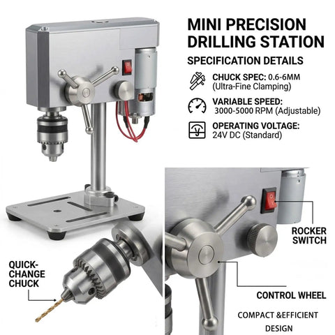 Ace Mini Bench Drill Press Delivering Sweet Variable Speed Control With Heavy Duty Chuck Grip For Zero Drama Woodworking Metal Drilling And Quick Jewelry Crafting Jobs on a steel base with features labeled.