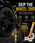 Heavy Duty Wheel Scratch Repair Kit For Curb Rash And Gloss Black Rim Touch Up Paint includes paint, sanding pad, and tape.
