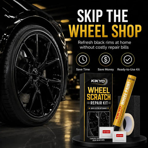 Heavy Duty Wheel Scratch Repair Kit For Curb Rash And Gloss Black Rim Touch Up Paint includes paint, sanding pad, and tape.