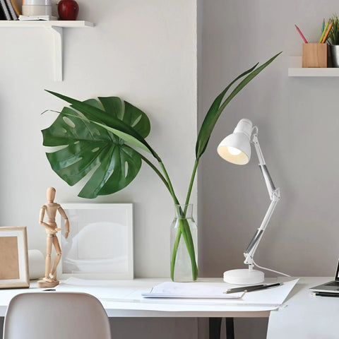 28 Inch Swing Arm Architect Desk Lamp Matte White With Rotary Switch On Shade partially adjustable arm on white desk