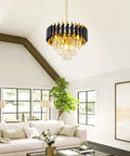 Crystal Pendant Light Fixture 1 Light Chrome Cylinder Pendant With Teardrop Acrylic Crystals in a modern living room setting.