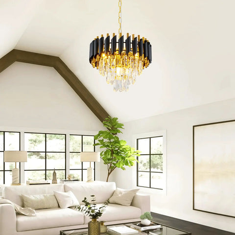Crystal Pendant Light Fixture 1 Light Chrome Cylinder Pendant With Teardrop Acrylic Crystals in a modern living room setting.