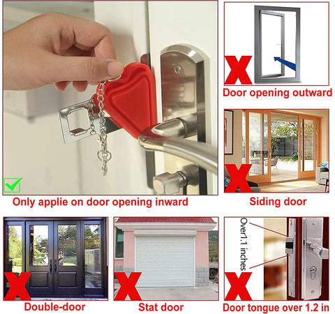 Diagram showing Portable Door Lock And Alarm With Dual Protection For Hotels Travel And Home On The Go, highlighting suitable doors