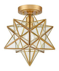 Brass Moravian Star Ceiling Light Flush Mount With Clear Glass Shade, Modern Transitional Design, front view