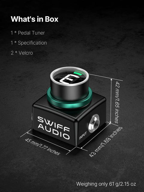 Guitar Tuner Pedal With Ultra Precise Plus Or Minus 0.5 Cent Tuning, Mini LED Display, compact size, silent tuning and true bypass.