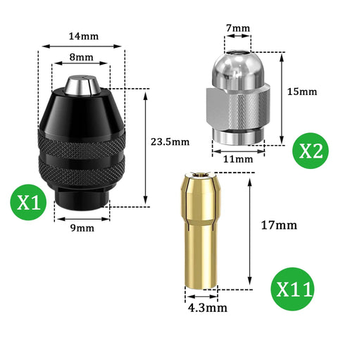 16 Piece Drill Chuck Collet Set For Rotary Tools 0.8 To 3.2mm Quick Change Keyless Chuck Kit With Brass Collets And Metal Nut Replacement