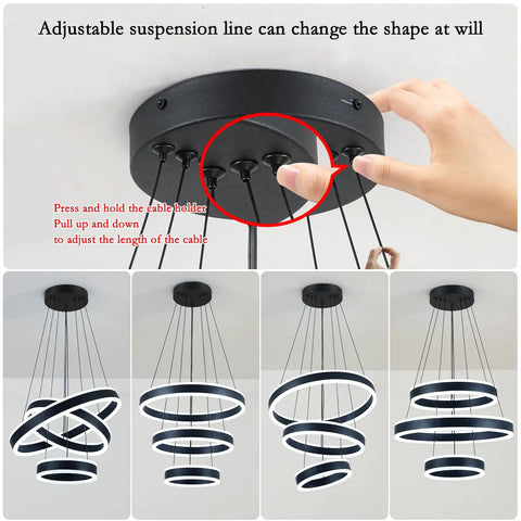 Adjustable suspension mechanism for the Modern Black LED Ring Chandelier With Three Adjustable Tiered Cylinders in different heights.