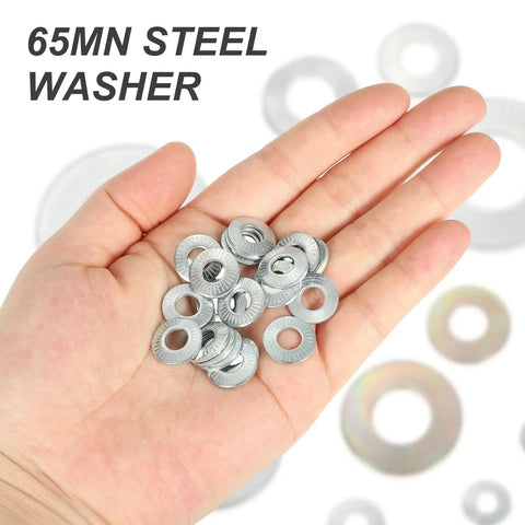 Beefy M5 Belleville Spring Disc Washers 5x12x1mm Set Of 50 In 65Mn Steel Conical Knurled Gasket With Yellow Zinc Plating For Automotive Industrial And Construction Projects, 65Mn steel washers in hand