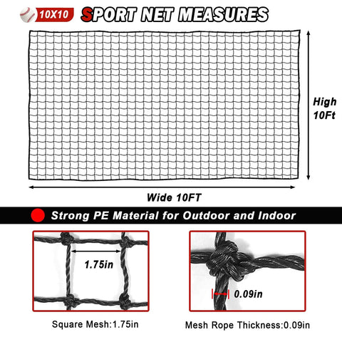 Heavy Duty Baseball And Softball Backstop Net 10x10 Feet For Backyard Practice Nylon Knotted Netting with PE Fiber and Rope Border