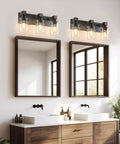 Give Your Mirror Space A Major Glow Up With This Three Bulb Bathroom Vanity Light In Matte Black And Raw Wood Grain Secured By Rock Solid Steel Mounts For Straight Up Rustic Charm over dual sinks with mirrors.