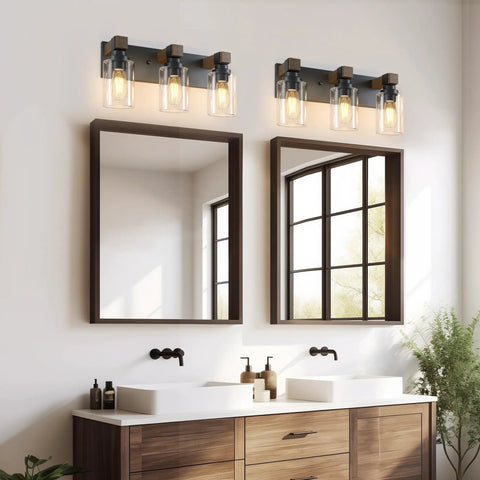 Give Your Mirror Space A Major Glow Up With This Three Bulb Bathroom Vanity Light In Matte Black And Raw Wood Grain Secured By Rock Solid Steel Mounts For Straight Up Rustic Charm over dual sinks with mirrors.