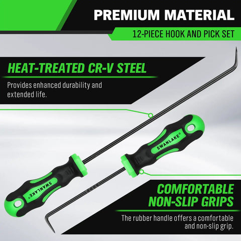 Pro Grade 12 Piece Pick and Hook Tool Set for Auto Mechanics showcasing ultra durable chrome vanadium hooks and comfortable grips.