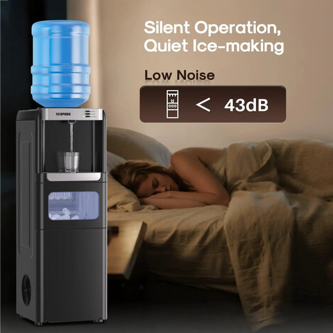 Three In One Water Dispenser With Built In Ice Maker Hot And Cold Water Cooler For Five Gallon Bottles in a bedroom setting