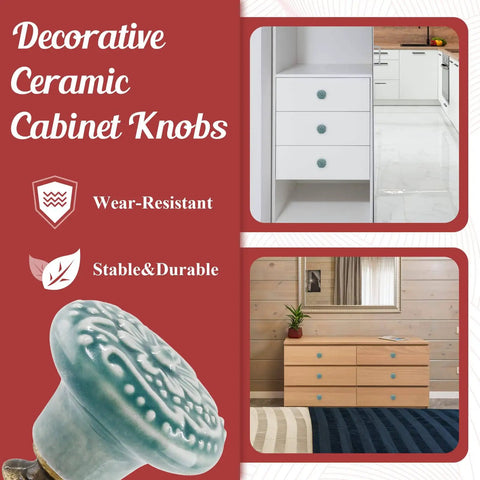 8-Piece Green Ceramic Knobs Set For Vintage Kitchen Cabinets And Dressers displayed on white drawers and brown dresser