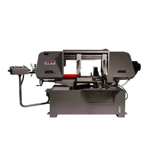 Heavy-Duty 12 X 20 Inch Semi-Auto Variable-Speed Mitering Bandsaw With 3 HP 230 460V Three-Phase Power Guarded Blade Auto Breakage Sensor Coolant Pump Self-Propelled Blade Brush Swing-Away Arm And Auto Bow Raise
