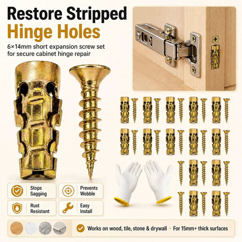 Hinge Repair Kit With Expansion Anchors And 6x14mm Dowels For Stripped Cabinet Holes, showing gold anchor and screw details.