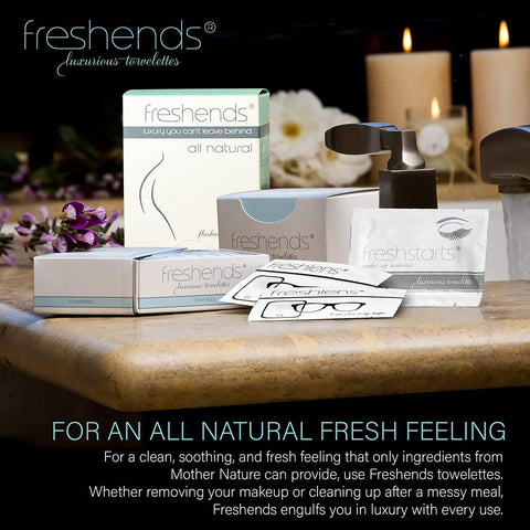 Freshends lens cleaning wipes on counter; white and light-blue packaging, 50 soft towelettes.