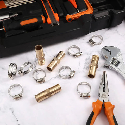 12 Piece Hose Repair Kit With Brass Barb Fittings For 5/8 To 3/4 Inch Hoses, stainless steel clamps, and tools on marble surface