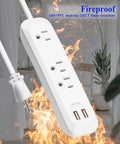 USB Power Strip With Three Outlets And Dual Charging Ports Six Foot Extension Cord Built In Surge Protection wall mountable design with a fireproof feature.