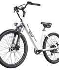 Dolphin 26 Inch Step Through Electric Bike For Adults, 350W Peak Motor With 20 MPH Top Speed, Removable 280Wh Battery, 15 To 30 Mile Range With Pedal Assist, Perfect For City Hops And Weekend Cruising. White step-through electric bike with 26-inch wheels