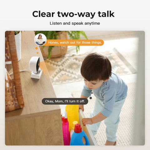 Child interacts with mother through 2K Home Security Cameras For Indoor And Outdoor Monitoring With Phone App, Wired Plug And Play
