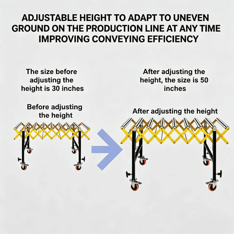 Before and after height adjustment of Heavy Duty Conveyor Belt Rollers With 1450 Lbs Load Capacity Adjustable Roller Stands.