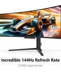 49 Inch OLED Ultrawide Curved Monitor with racing car on screen, 144Hz refresh rate, 0.03ms response, adjustable stand.