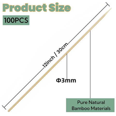 12 Inch Bamboo Skewers For Grillin And Barbecue 100 Count Wooden Kabob Sticks showing size and bamboo material