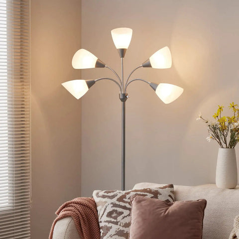 Five Head Floor Lamp With Adjustable Gooseneck Arms And Large Frosted Shade For E26 A19 Bulbs in a living room scene