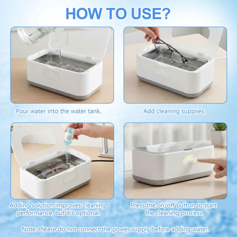 Instructions for using 49KHz Ultrasonic Cleaner For Jewelry And Glasses With 5 Cleaning Modes, 27oz 304 Stainless Steel Tank In Gray.