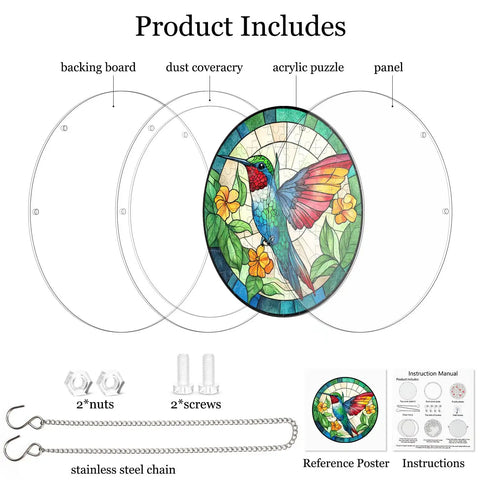 Colorful Hummingbird Puzzle Suncatcher Kit 83 Piece DIY Acrylic Sun Catcher with components and instructions
