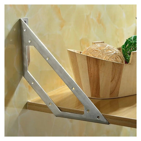 Heavy Duty Knockout Stainless Steel Corner Brackets 90 Degree L Shape Wall Shelf Bracket Set supports wooden shelf with decorative items.