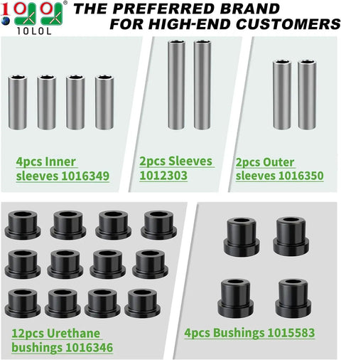 Front Leaf Spring And Upper A Arm Bushing Kit For Club Car DS Golf Cart 1992 Onward Ready To Install Replacement OEM Parts 1016346 1016349 1016350 1012303 1015583 Urethane Bushings With Inner And Outer Sleeves image showing 12-piece kit including sleeves and bushings.