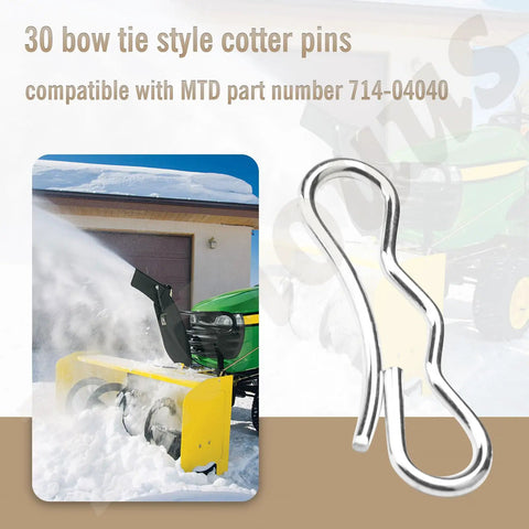 Image of 30 Pack Bow Tie Cotter Pins for MTD Cub Cadet Troy-Bilt Craftsman and more, compatible replacement for lawn mowers and snow throwers.