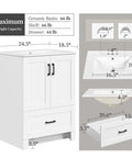 Instant Upgraded Vibes With This 24 Inch Bathroom Vanity Featuring A Built In Ceramic Sink Two Smooth Doors And One Spacious Drawer For Hassle Free Storage Modern White Cabinetry with dimensions and weight capacity.