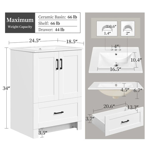Instant Upgraded Vibes With This 24 Inch Bathroom Vanity Featuring A Built In Ceramic Sink Two Smooth Doors And One Spacious Drawer For Hassle Free Storage Modern White Cabinetry with dimensions and weight capacity.