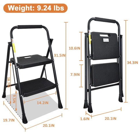 Heavy Duty 2 Step Folding Ladder With 500 Lb Capacity Anti Slip Wide Pedals Beefy Steel Frame dimensions illustration