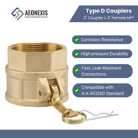 3 Inch Camlock Fittings Type D Heavy Duty Forged Brass Coupler With Female NPT Adapter showing corrosion-resistant construction