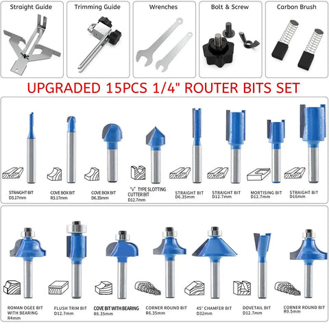 Powerful Compact Wood Router Tool 800W 30000 RPM Workhorse 15-piece router bits set with straight and slotting bits.