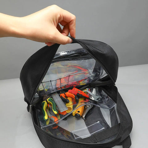 Slick Clear PVC Tool Backpack For Cleanroom Engineers Hauling Laptops And Essential Kits With Cushioned Straps And Reinforced Handles crafted for easy access to tools.