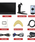 10.1 Inch IPS CCTV Monitor With HDMI AV VGA BNC Inputs Built In Speaker 1280x800 Color Screen For Raspberry Pi And Home Security Setups Ideal For Live Video Surveillance Wide Viewing Angles And Easy Setup with accessories including cables, stand, remote, and charger.