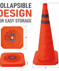 Four Pack 28 Inch Collapsible LED Light Traffic Cones With Reflective Safety Pop Up Design Battery Included For Roadwork Parking Events Durable Waterproof Orange Cones showcasing collapsible design with dimensions.