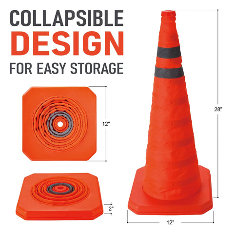 Four Pack 28 Inch Collapsible LED Light Traffic Cones With Reflective Safety Pop Up Design Battery Included For Roadwork Parking Events Durable Waterproof Orange Cones showcasing collapsible design with dimensions.