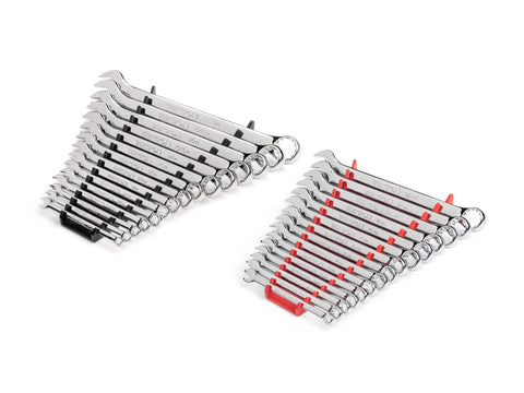 30-Piece Combination Wrench Set With Inch And Metric Sizes, 1/4 To 1 In And 8 To 22 Mm, 15-Degree Angled Open Ends, Black And Red Rack